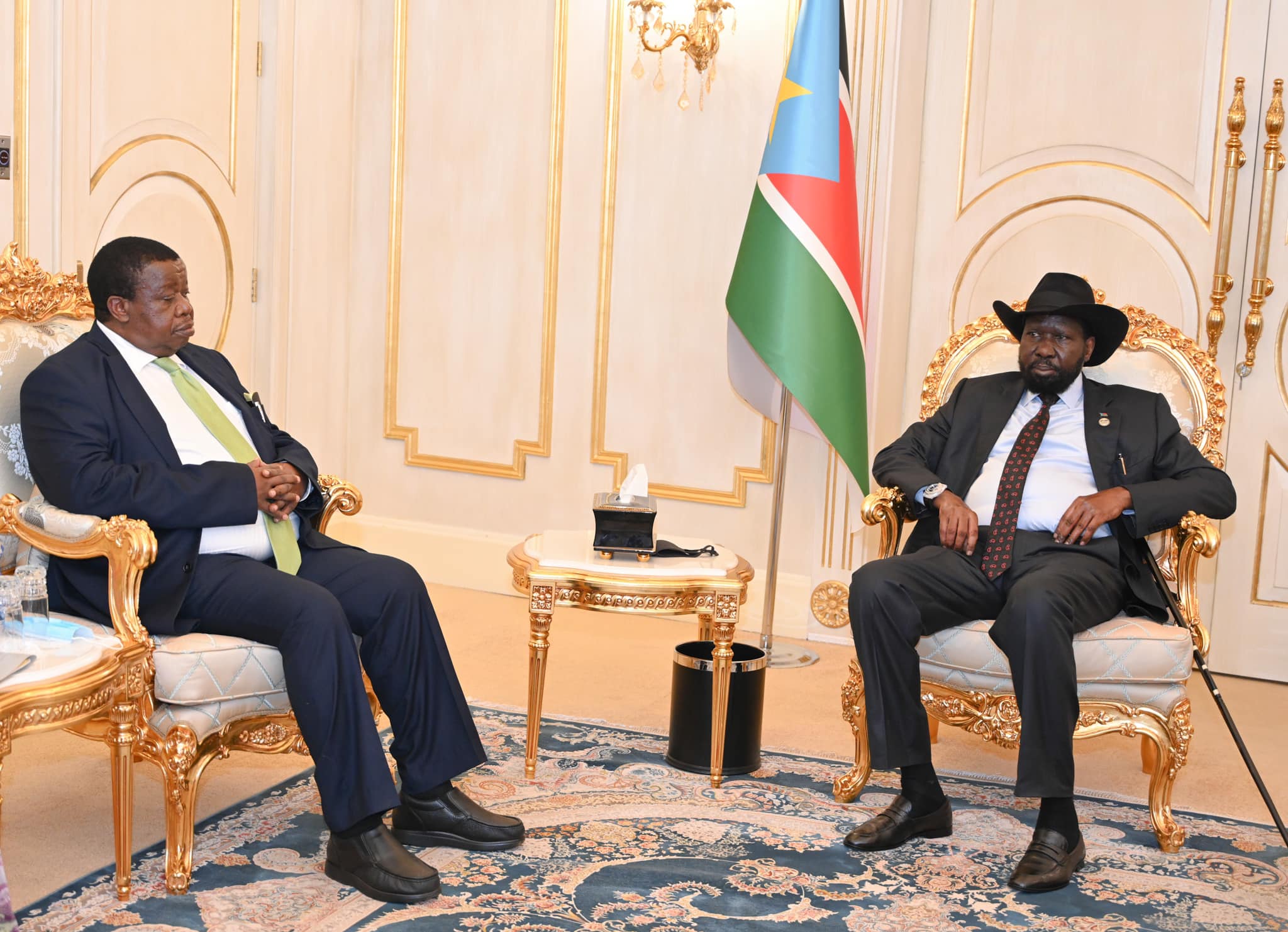 H.E President Salva Kiir meets the Ugandan Minister of Internal Affairs  Gen. Kahinda Otafiire in Juba.